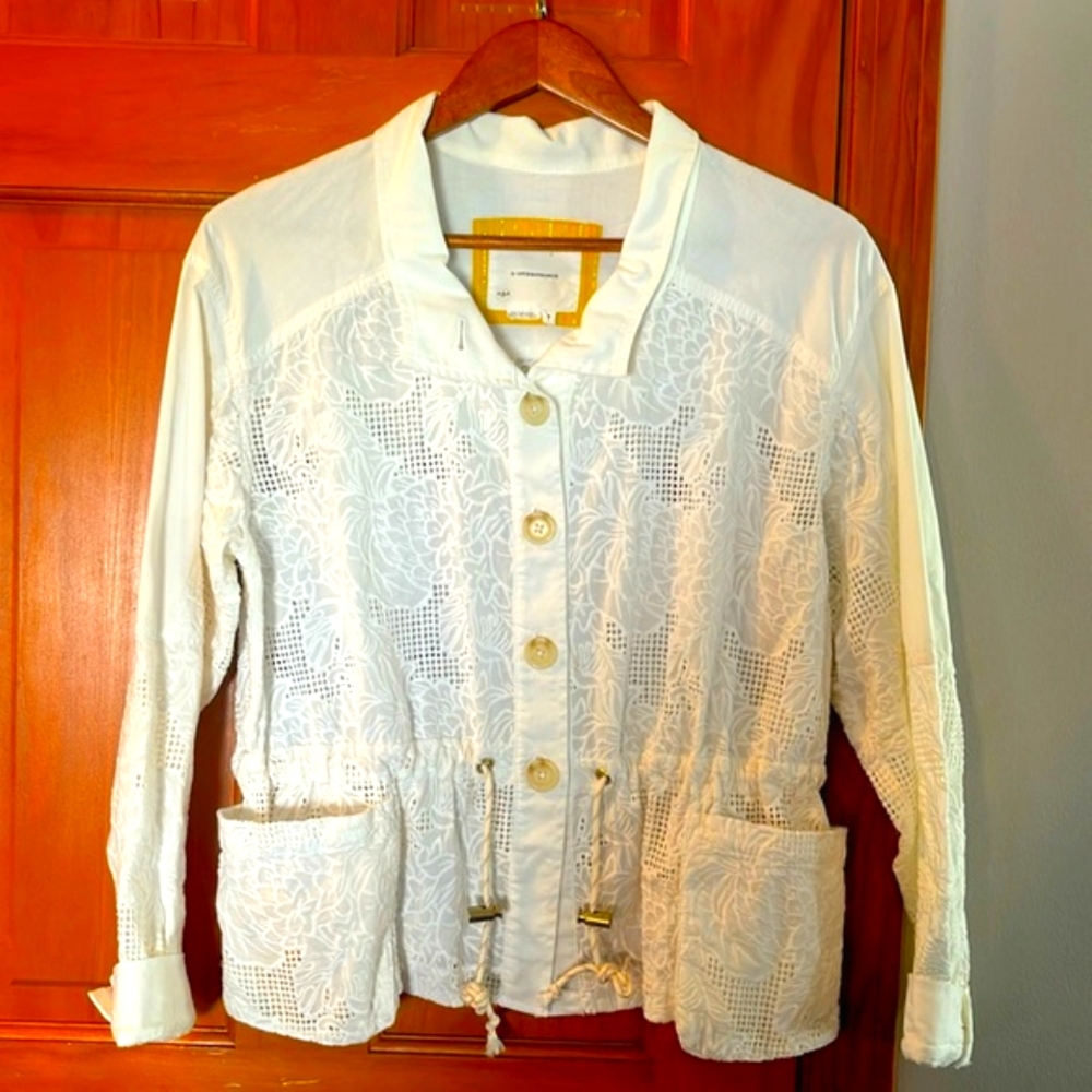 Anthropologie Jacket Womens Small White Cotton Anorak Floral Eyelet Drawstring - Picture 2 of 6